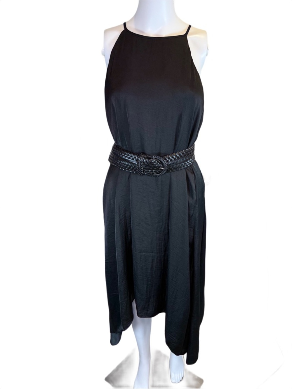 NWT LC Lauren Conrad Halter Dress Large NEW Black Slip Midi Handkerchief Hem